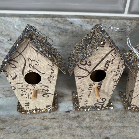 Set Of 8 Miniature Decorative Glitter Birdhouse Ornaments Printed Fabric - Picture 6 of 10
